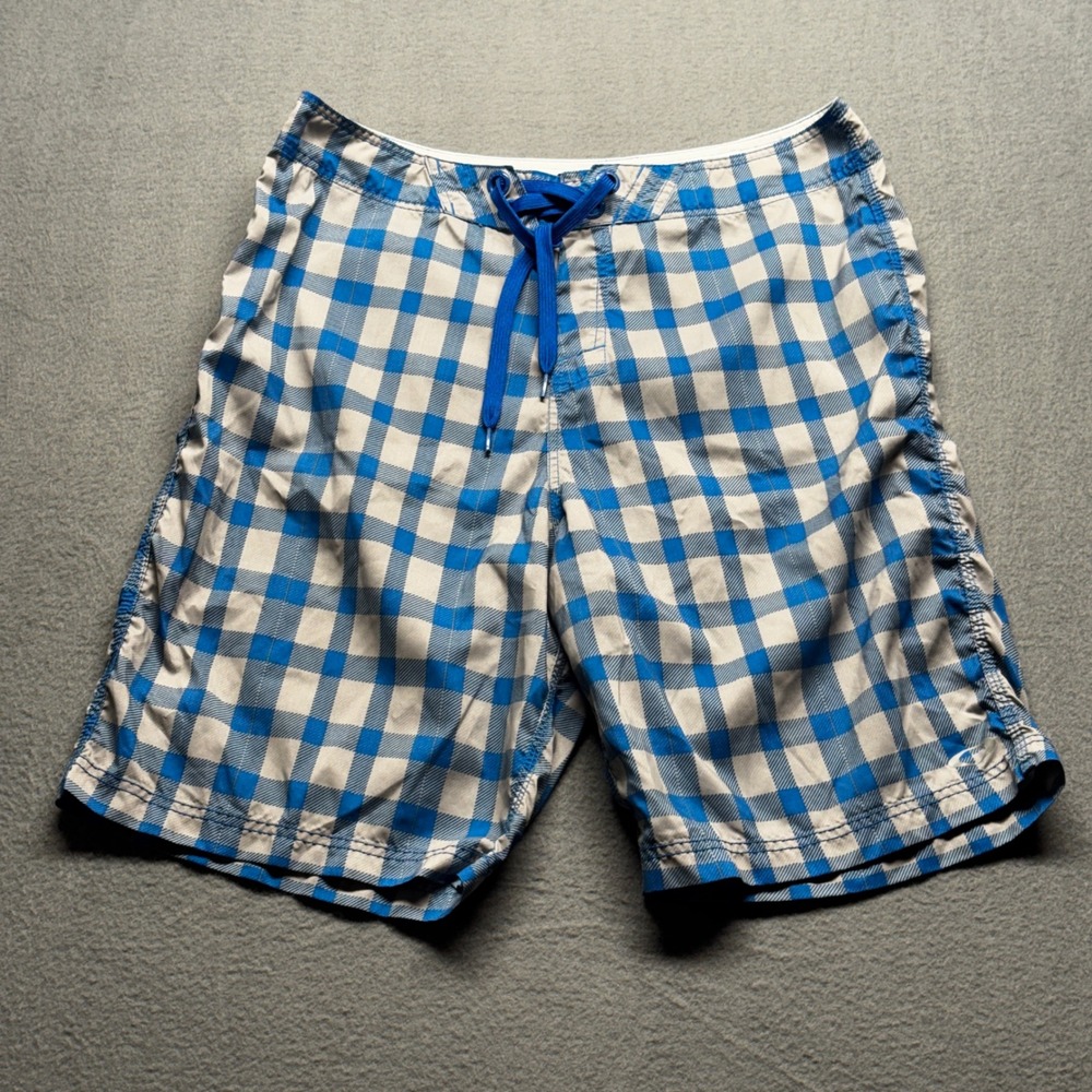 Oakley Mens Board Shorts 36 Blue White Plaid Swim Trunks Surf Beach 481685POVT